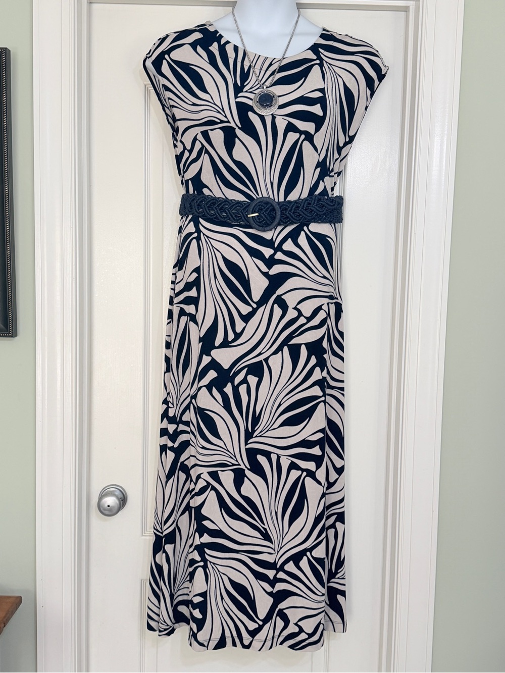 Chico's Navy and Cream Swirl Print Midi Dress